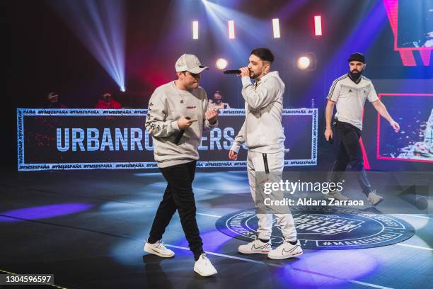 Spanish rap freestylers Khan and Zasko perform on stage at the Freestyle Master Series 8th Day by The Urban Roosters on February 27, 2021 in Madrid,...