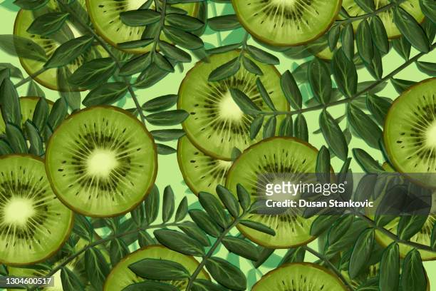 illustrazioni stock, clip art, cartoni animati e icone di tendenza di modello di kiwi e pianta tropicale - kiwi