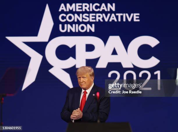 Former President Donald Trump addresses the Conservative Political Action Conference held in the Hyatt Regency on February 28, 2021 in Orlando,...