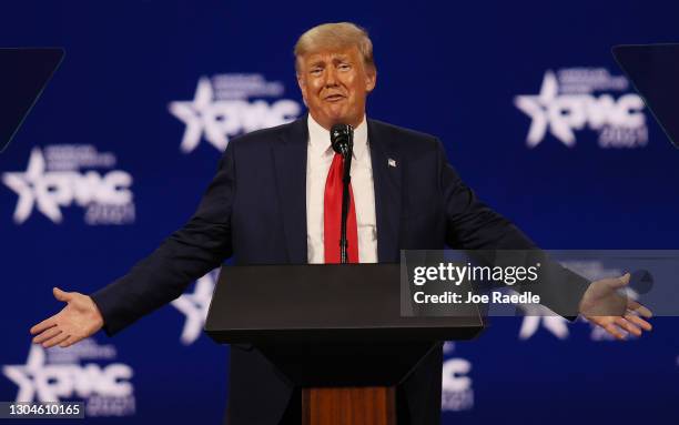 Former U.S. President Donald Trump addresses the Conservative Political Action Conference held in the Hyatt Regency on February 28, 2021 in Orlando,...