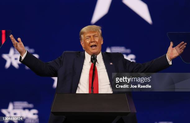 Former U.S. President Donald Trump addresses the Conservative Political Action Conference held in the Hyatt Regency on February 28, 2021 in Orlando,...