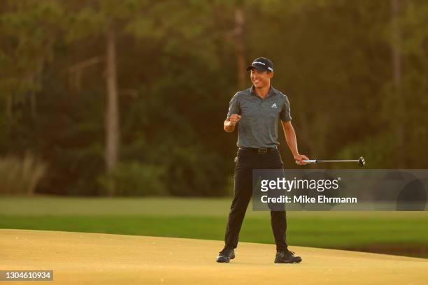 Collin Morikawa of the United States celebrates winning on the 18th green during the final round of World Golf Championships-Workday Championship at...