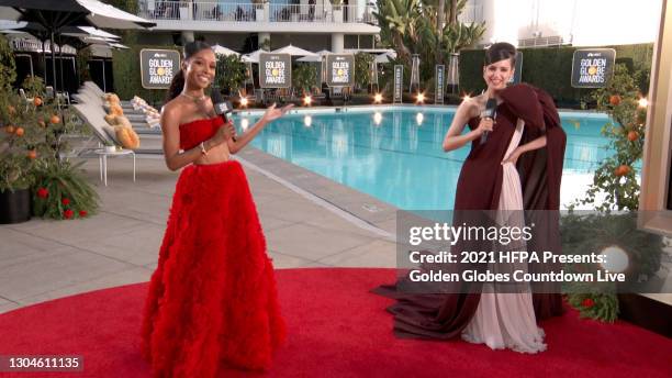 In this screengrab, Zuri Hal and Sofia Carson appear virtually on Twitter's livestream of "HFPA Presents: Globes Countdown Live", the official...