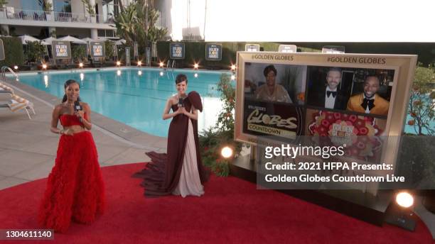 In this screengrab, Zuri Hal and Sofia Carson appear virtually on Twitter's livestream of "HFPA Presents: Globes Countdown Live", the official...