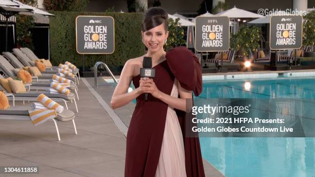 In this screengrab, Sofia Carson appears virtually on Twitter's livestream of "HFPA Presents: Globes Countdown Live", the official pre-show for the...
