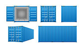 Realistic cargo containers, 3d templates set with different views isolated on white background