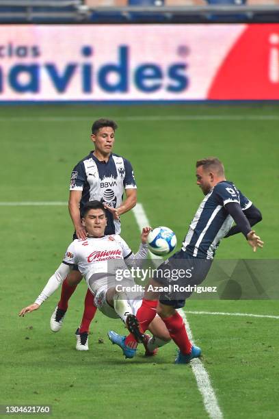 Vincent Janssen of Monterrey fights for the ball with Vladimir Loroña of Tijuana during the 8th round match between Monterrey and Tijuana as part of...