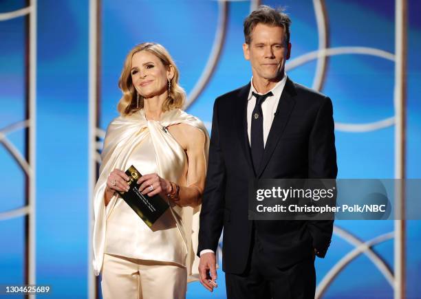 78th Annual GOLDEN GLOBE AWARDS -- Pictured: Kyra Sedgwick and Kevin Bacon speak onstage at the 78th Annual Golden Globe Awards held at The Beverly...