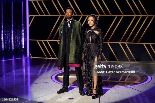 78th Annual GOLDEN GLOBE AWARDS -- Pictured in this image released on February 28, Jackson Lee and Satchel Lee speak onstage at the 78th Annual...