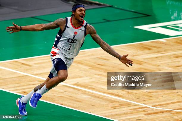 Bradley Beal of the Washington Wizards celebrates after scoring against the Boston Celtics during the fourth quarter at TD Garden on February 28,...