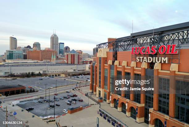 General view of Lucas Oil Stadium and downtown Indianapolis on February 27, 2021 in Indianapolis, Indiana.