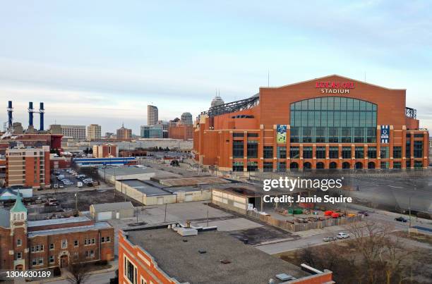 General view of Lucas Oil Stadium and downtown Indianapolis on February 27, 2021 in Indianapolis, Indiana.