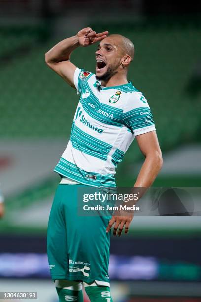 Matheus Doria of Santos celebrates after scoring the third goal of his team during the 8th round match between Santos Laguna and FC Juarez as part of...