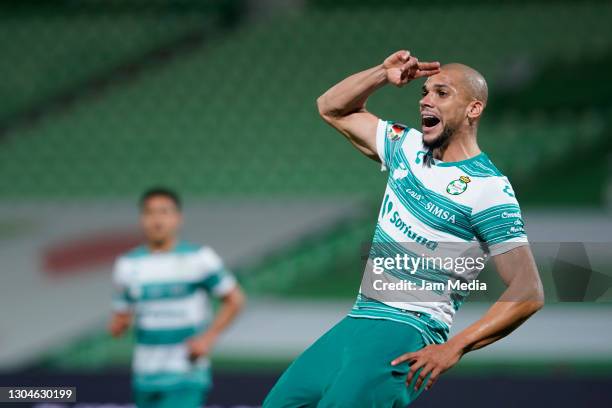 Matheus Doria of Santos celebrates after scoring the third goal of his team during the 8th round match between Santos Laguna and FC Juarez as part of...