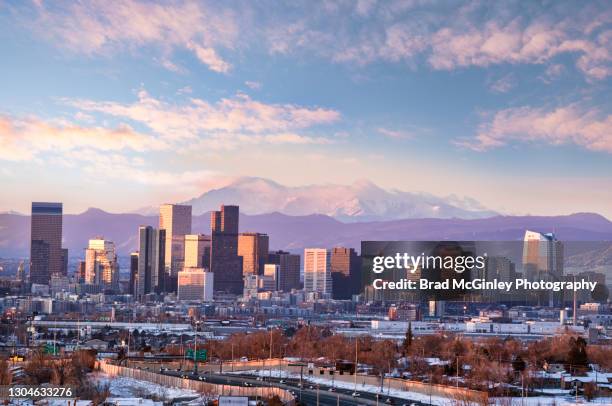 denver cityscape with pikes peak - denver city stock pictures, royalty-free photos & images