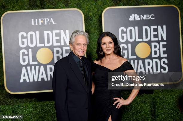 Michael Douglas and Catherine Zeta-Jones attend the 78th Annual Golden Globe® Awards at The Rainbow Room on February 28, 2021 in New York City.