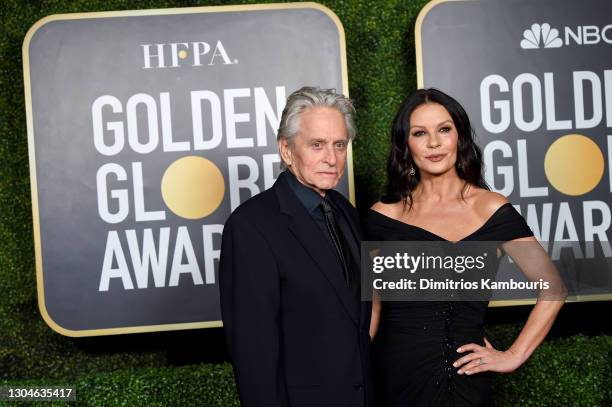 Michael Douglas and Catherine Zeta-Jones attend the 78th Annual Golden Globe® Awards at The Rainbow Room on February 28, 2021 in New York City.