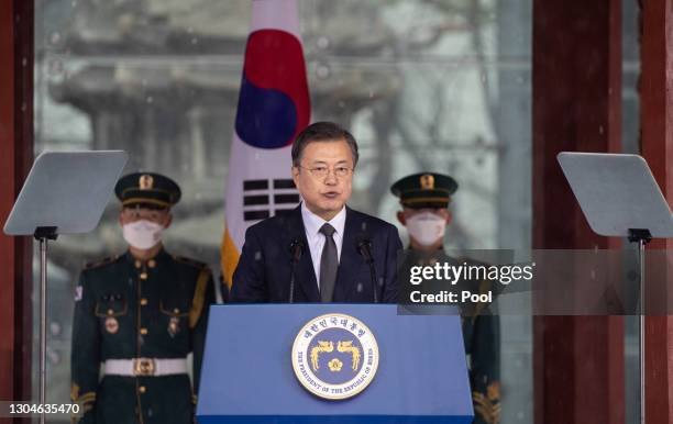 South Korean President Moon Jae-in speaks during the 102nd Independence Movement Day ceremony on March 01, 2021 in Seoul, South Korea. South Koreans...