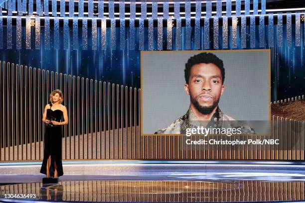 78th Annual GOLDEN GLOBE AWARDS -- Pictured: Renée Zellweger announces the late Chadwick Boseman as winner of the Best Actor - Motion Picture Drama...