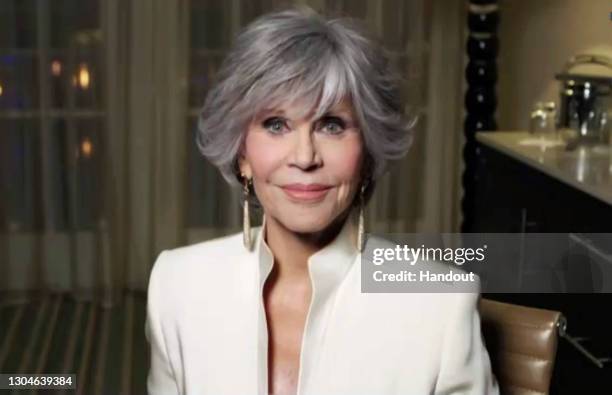 In this handout screengrab Jane Fonda, winner of Cecil B. DeMille Award speaks during the 78th Annual Golden Globe Virtual General Press Room on...