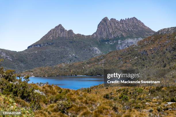 View of Cradle Mountain and Dove Lake is seen on February 03, 2021 in Cradle Mountain, Australia. Cradle Mountain is located in the World...