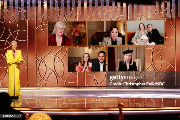 78th Annual GOLDEN GLOBE AWARDS -- Pictured: Jamie Lee Curtis presents the Best Supporting Actress - Motion Picture award onstage at the 78th Annual...