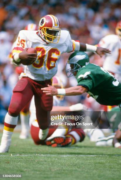 Timmy Smith of the Washington Redskins carries the ball against the Philadelphia Eagles during an NFL football game September 18, 1988 at RFK Stadium...