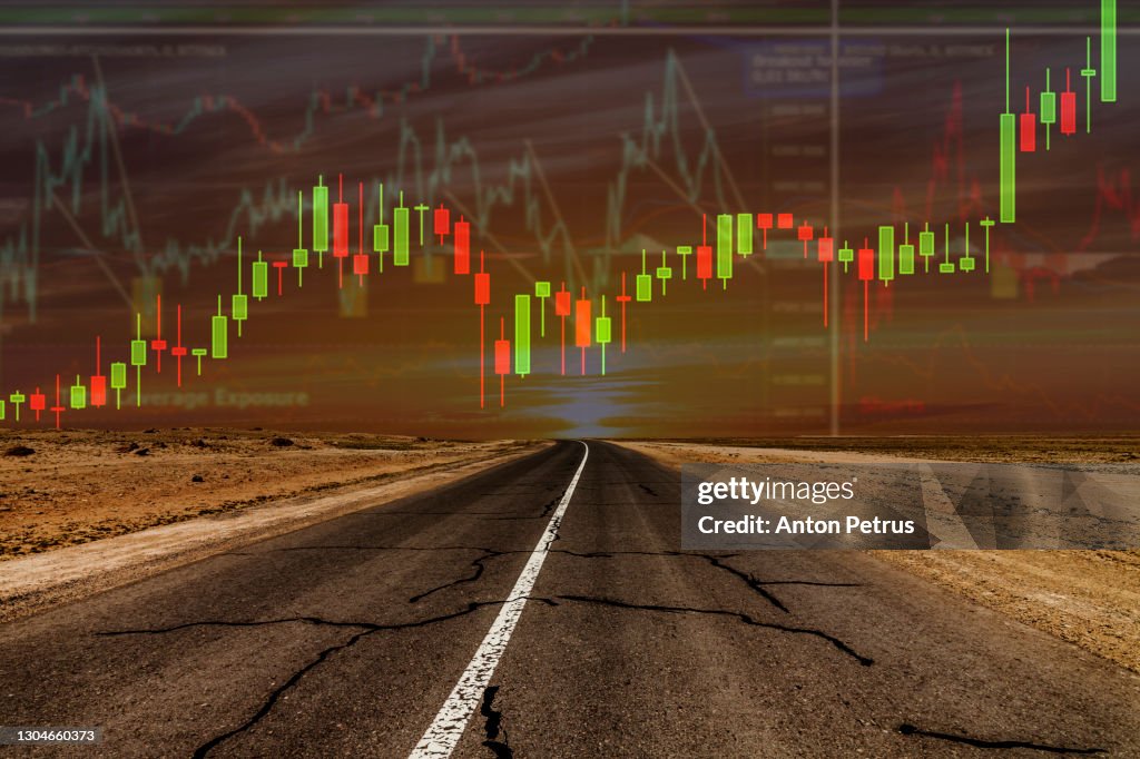 Empty road in the desert and stock charts. Financial concept