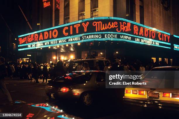 Exterior view of Radio City Music Hall during the 1985 MTV Video Music Awards, New York City on September 13, 1985.