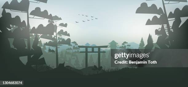 japan, berge im nebel torii tor, tempel im hintergrund - natural landmark stock-grafiken, -clipart, -cartoons und -symbole