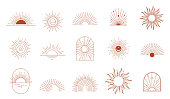 Bohemian linear logos, icons and symbols, sun, arc, window design templates, geometric abstract design elements for decoration.