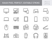 Technology line icons. Vector illustration include icon - computer, monitor, laptop, cellphone, router, fax, scanner outline pictogram for electronic equipment. 64x64 Pixel Perfect, Editable Stroke