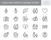 Relationship status line icons. Vector illustration include icon - husband, bachelor, wife, marriage, rings, wedding outline pictogram for marital condition. 64x64 Pixel Perfect, Editable Stroke