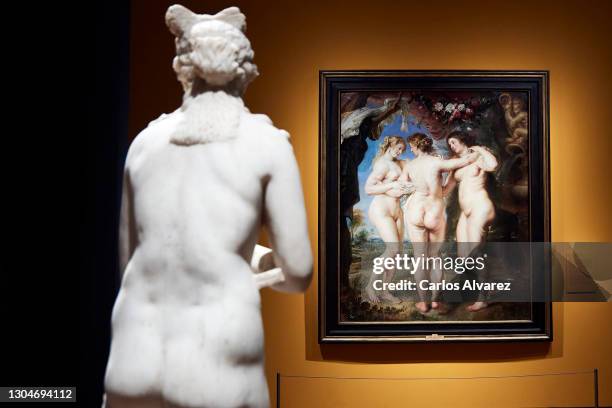 General view of the Rubens painting 'The Three Graces' belonging to the exhibition 'Mythological Passions' at the Prado Museum on March 01, 2021 in...