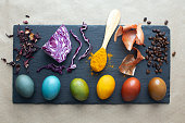 Natural dye for easter eggs - carcade, red cabbage, turmeric, onion skin and coffee.