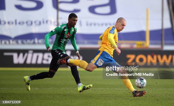 Michael Frey of Beveren battles for the ball with Jean Harisson Marcelin of Cercle during the Jupiler Pro League match between Cercle Brugge and...