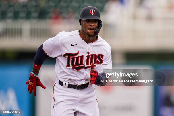 Keon Broxton of the Minnesota Twins runs during a spring training game against the Boston Red Sox on February 28, 2021 at Hammond Stadium in Fort...