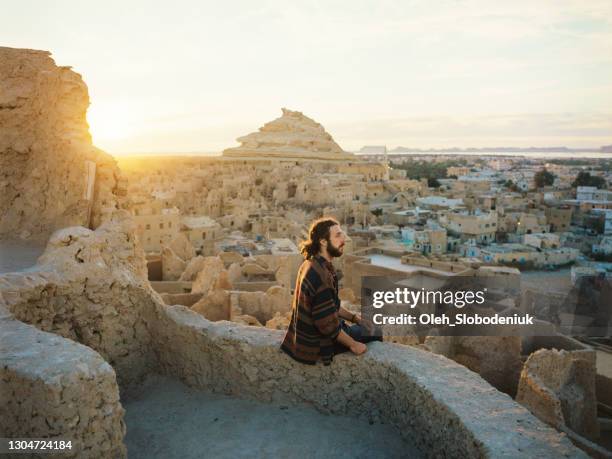 woman looking at scenic view of siwa oasis at sunset - cairo city stock pictures, royalty-free photos & images