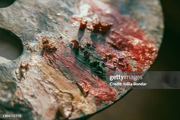 different colors on painters palette - tempera painting stock pictures, royalty-free photos & images