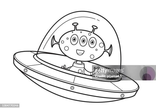 black and white, flying saucer - colouring book stock illustrations