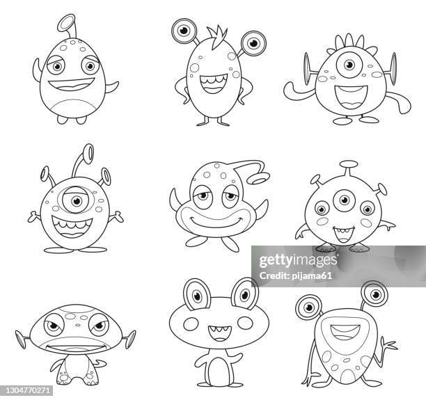 black and white, cute cartoon monsters - colouring book stock illustrations