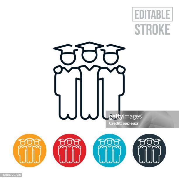 three graduates with arms around each others shoulders thin line icon - editable stroke - three people icon stock illustrations