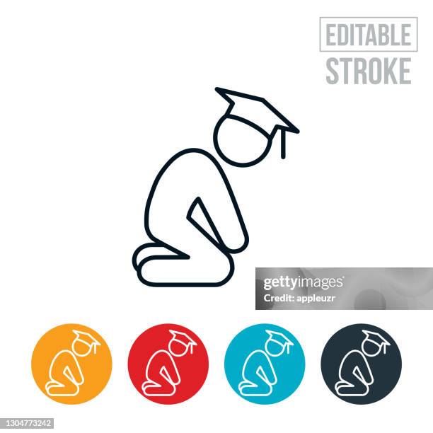 depressed graduate on knees thin line icon - editable stroke - student debt icon stock illustrations