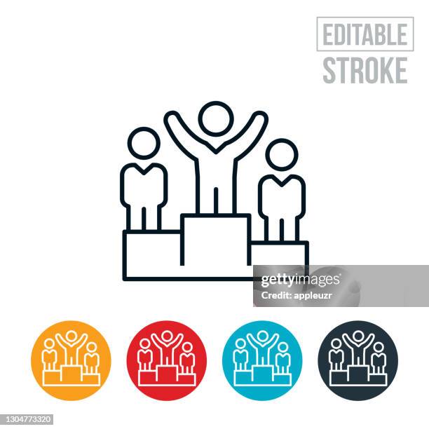 business person on winners podium thin line icon - editable stroke - siegerpodest vektor niemand stock-grafiken, -clipart, -cartoons und -symbole