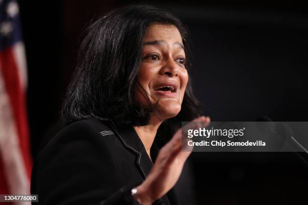 Rep. Pramila Jayapal holds a news conference to announce legislation that would tax the net worth of America's wealthiest individuals at the U.S....