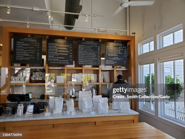 Front view of the interior of the Rustic Bakery with the counter and menus visible in Larkspur, California, February 13, 2021.