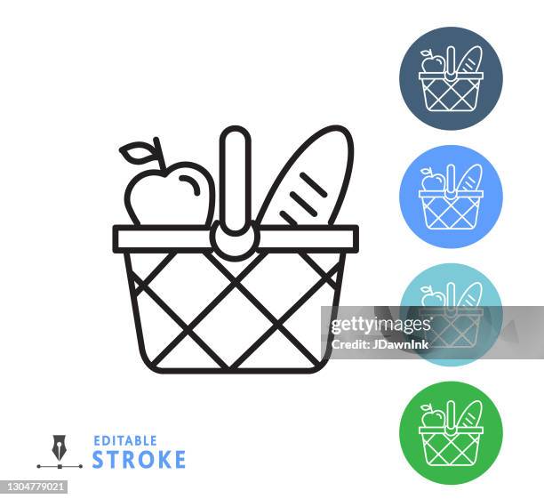 moderne farm und landwirtschaft lebensmittelkorb mit lebensmittel-symbol konzept dünne linie stil - editierbare strich - basket icon stock-grafiken, -clipart, -cartoons und -symbole