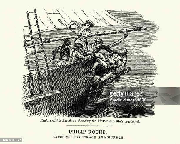 stockillustraties, clipart, cartoons en iconen met de piraat philip roche vermoordt de bemanning van een schip en gooit ze overboord in de 18e eeuw. - galleischip
