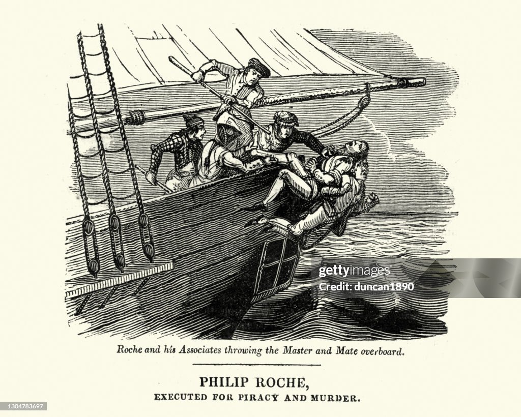 The pirate Philip Roche murdering the crew of a ship, throwing them overboard 18th Century