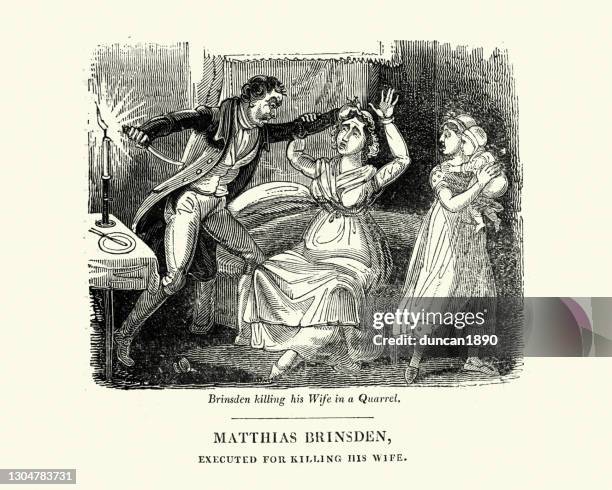 matthias brinsden, murdering his wife in a quarrel, 18th century crime - domestic violence stock illustrations